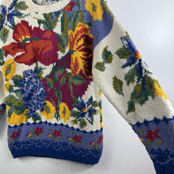 Vintage Crystal Kobe Floral Chunky Sweater Small Grandmacore 90s Tunic Cottage - Picture 6 of 14